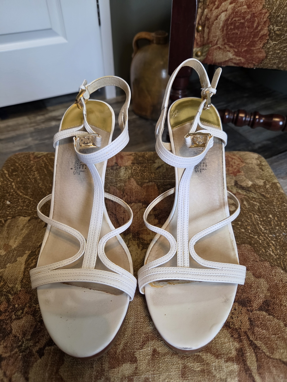 Michael Kors White Strappy T‑Bar Wedge Sandals